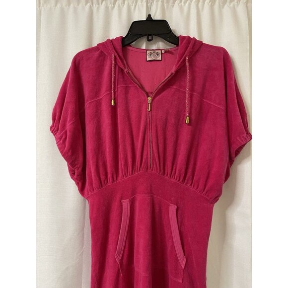 Juicy Couture Vintage Pink Terry Cloth Hooded Zip Dress Size S Pockets Y2K - Picture 2 of 5
